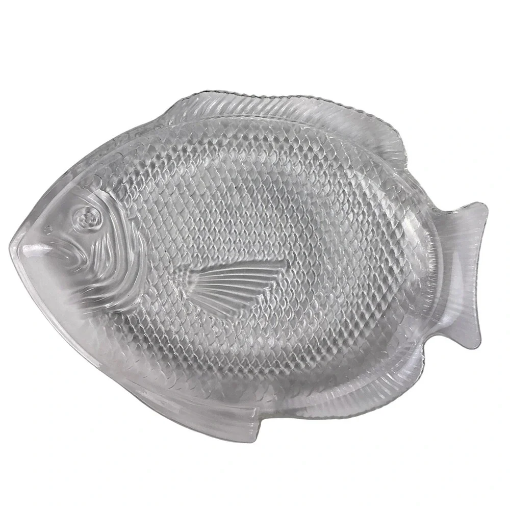4 Arcoroc Clear Glass Detailed Fish Plates Textured Serving Dishes Seafood Decor